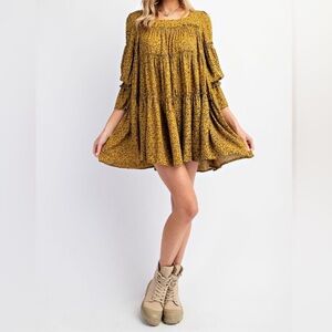 184 Easel Mustard Printed Ruffle Mini Dress